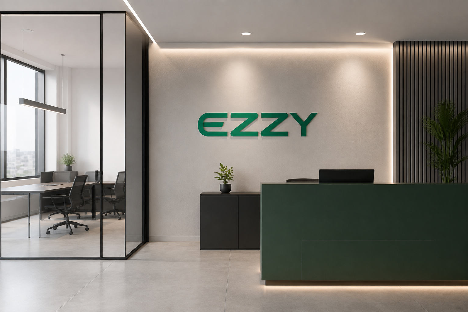 Recepção do escritório da Ezzy em Uberlândia com o logo em verde na parede